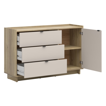Komoda Dalva 134 cm z drzwiami i 3 szufladami dąb mauvella/kashmir Black Red White
