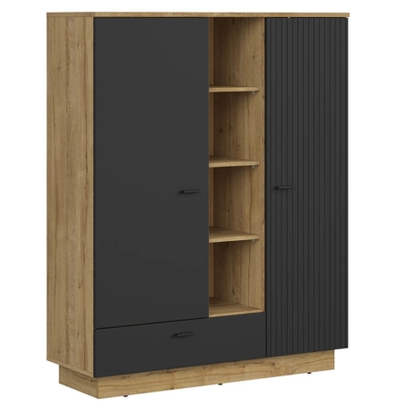 Bookcase Zenda 117 cm with 2 doors, drawer and 4 shelves oak waterford/black Black Red White