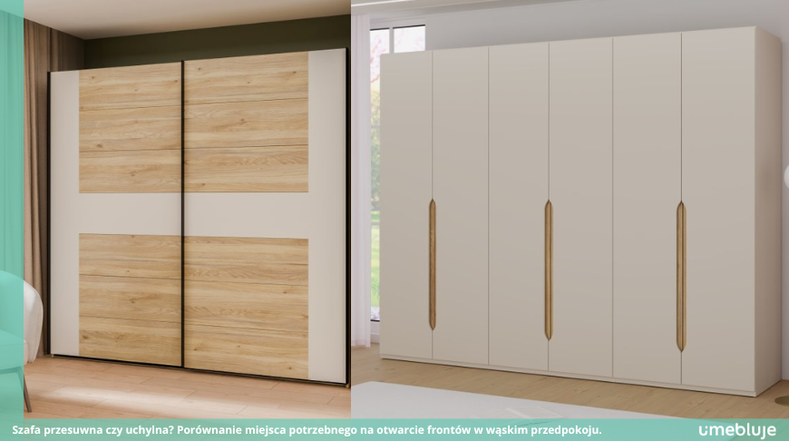 Szafa przesuwna czy uchylna? Porównanie miejsca potrzebnego na otwarcie frontów w wąskim przedpokoju.